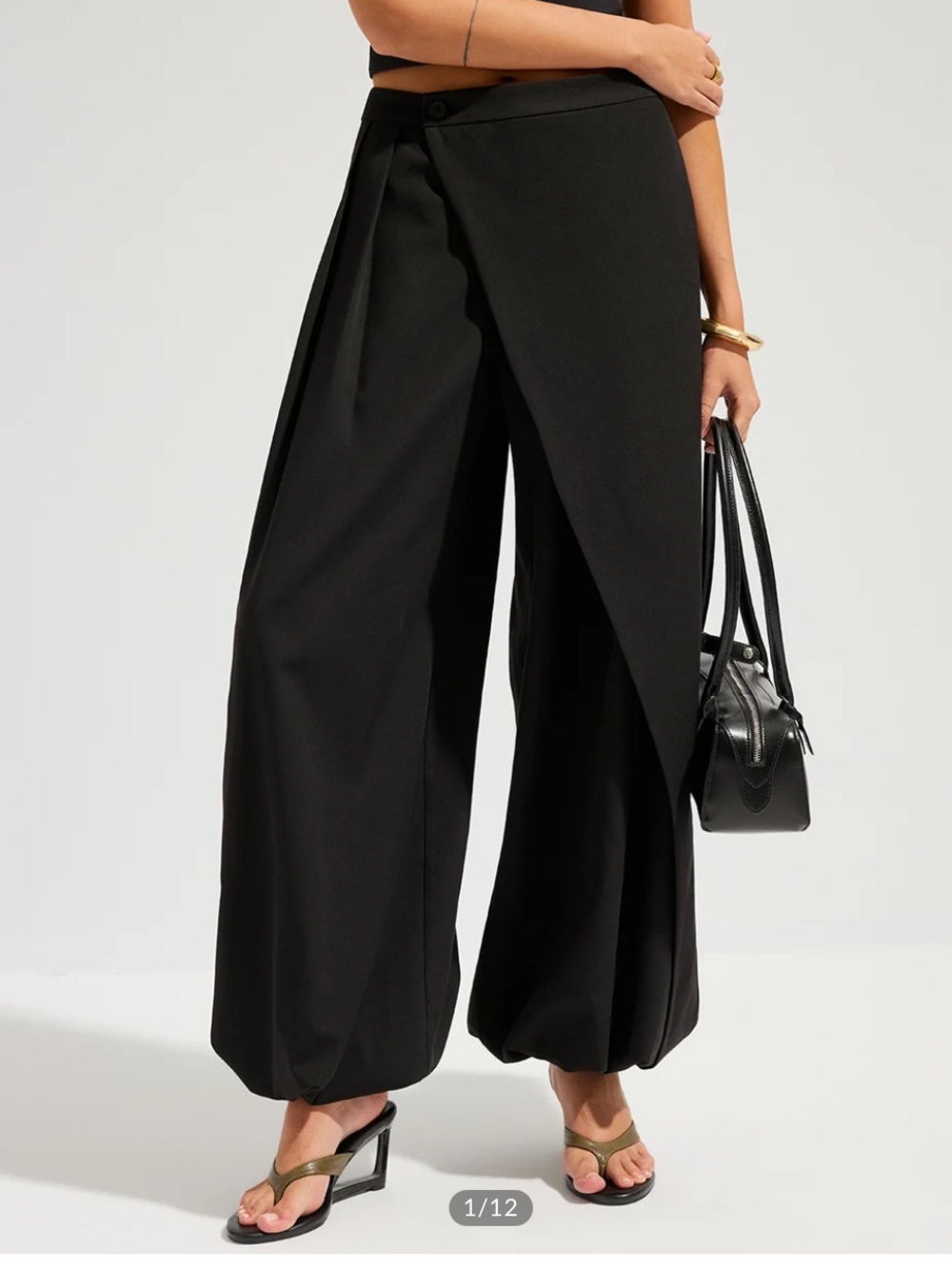 Commense Black Asymmetric Overlay Balloon Wide-Leg Trousers